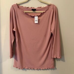 Ann Taylor Womens‎ Top Long Sleeve Ribbed Ruffle Trim Neckline Pink Size L